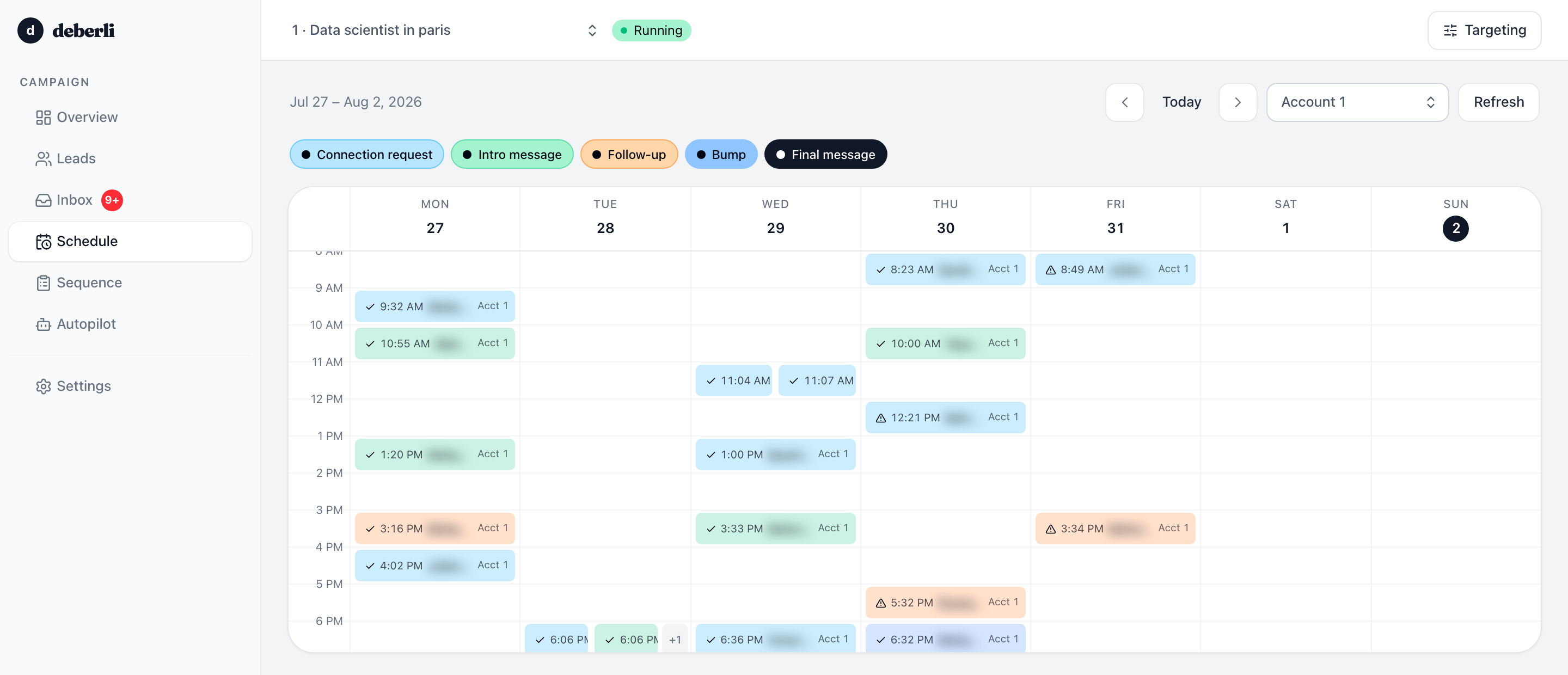 A week of scheduled LinkedIn actions spread across business hours.